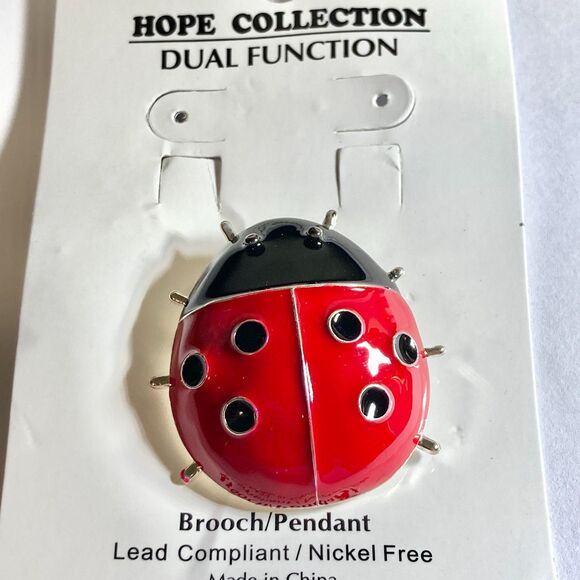 Red Ladybug Pin Brooch Pendant Necklace Enamel 22" Black Cord Insect Bug Big - Picture 3 of 12